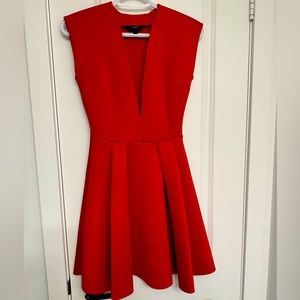 Knee Length Party Dress - Red, A-line, deep v-neck